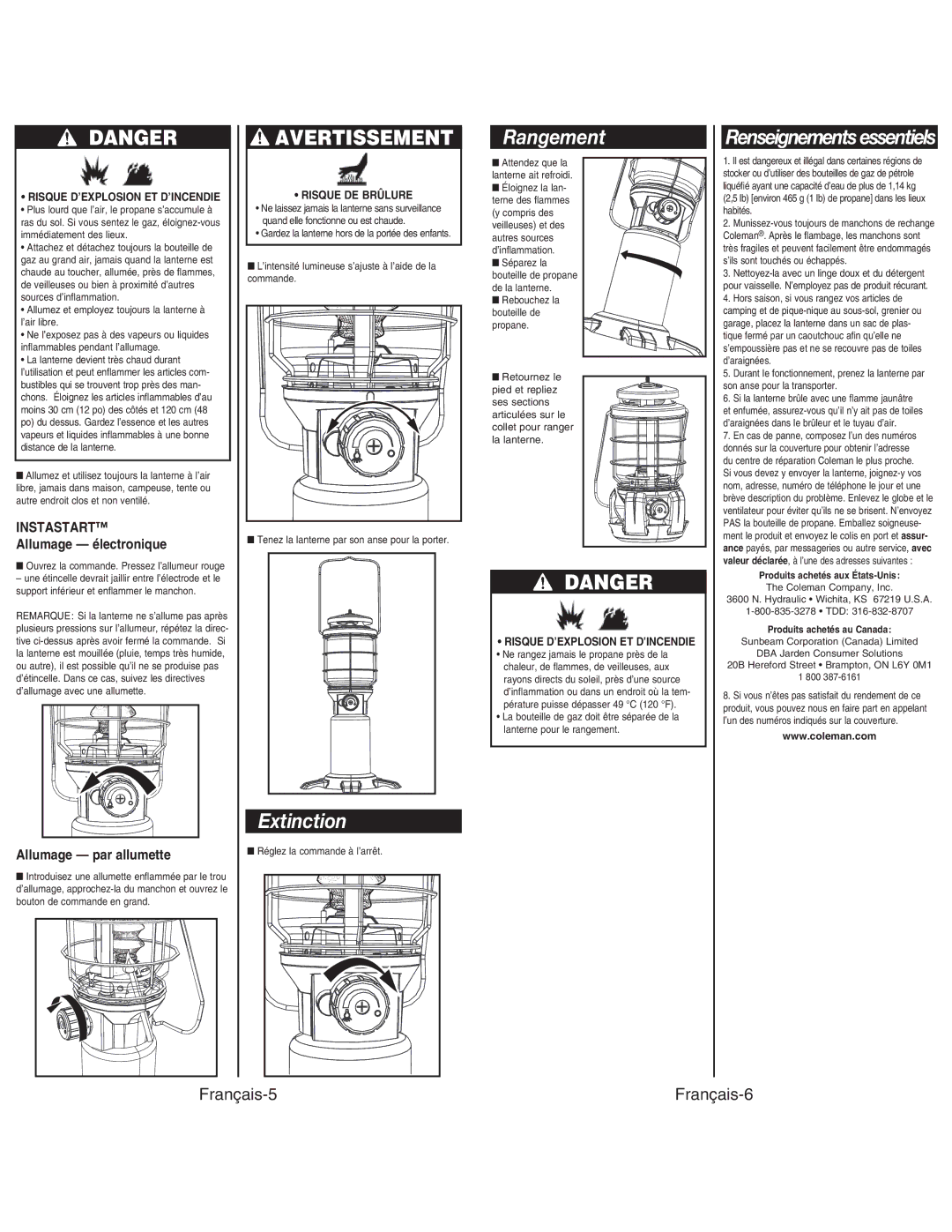 Coleman 2500 manual Extinction, Rangement, Allumage électronique, Allumage par allumette 