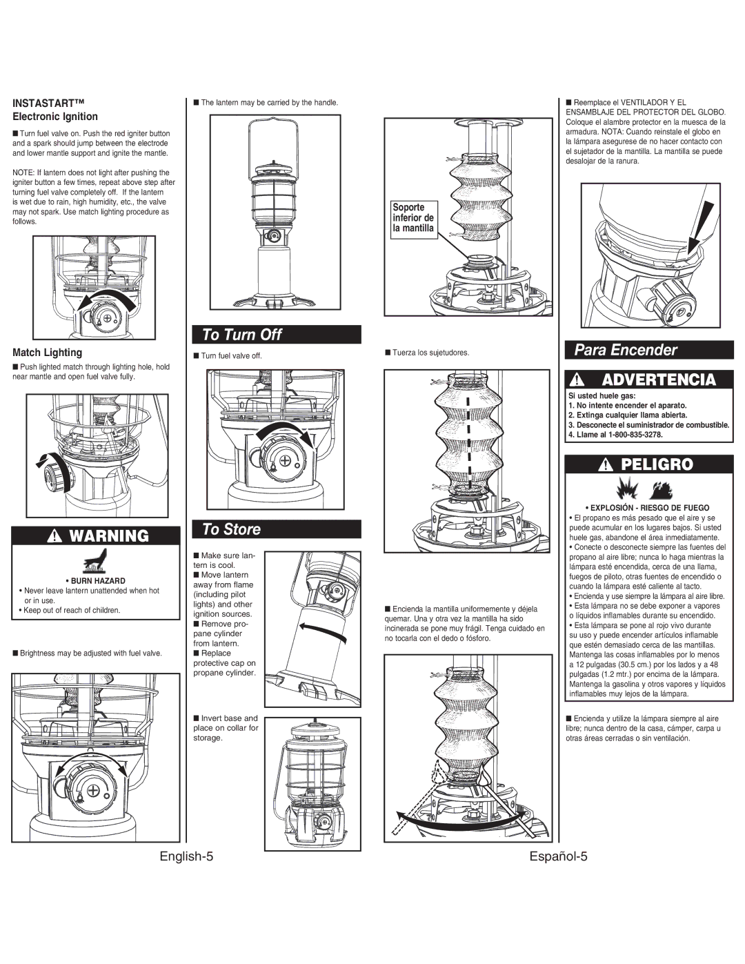 Coleman 2500 manual To Turn Off, To Store, Para Encender, Advertencia 