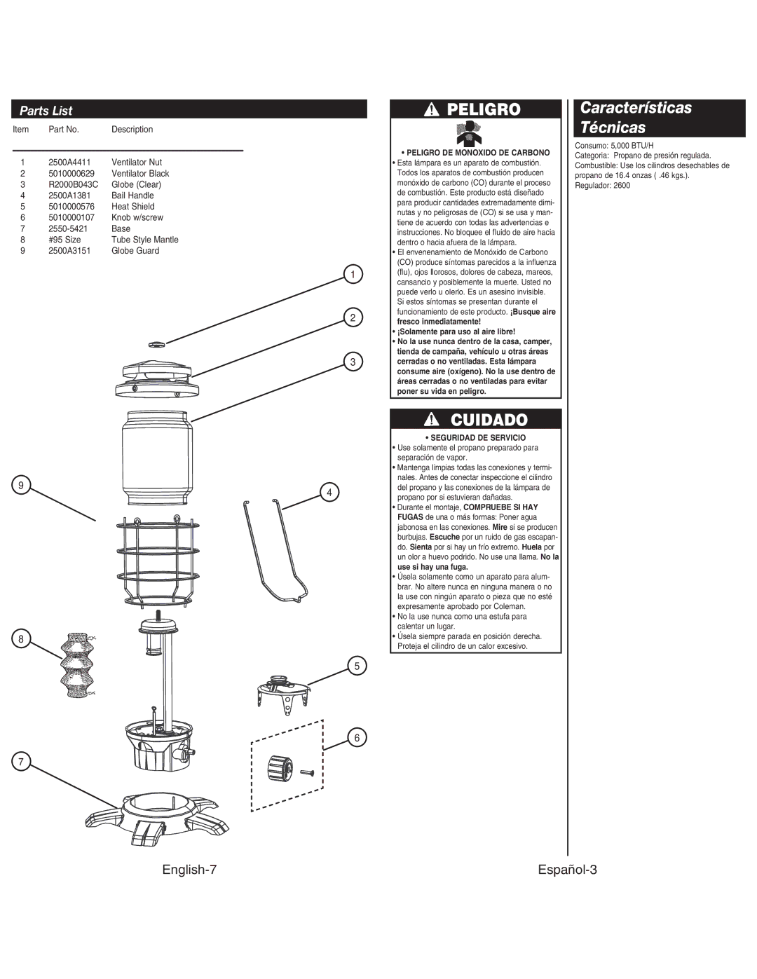 Coleman 2500 manual Características Técnicas, Cuidado, Parts List 