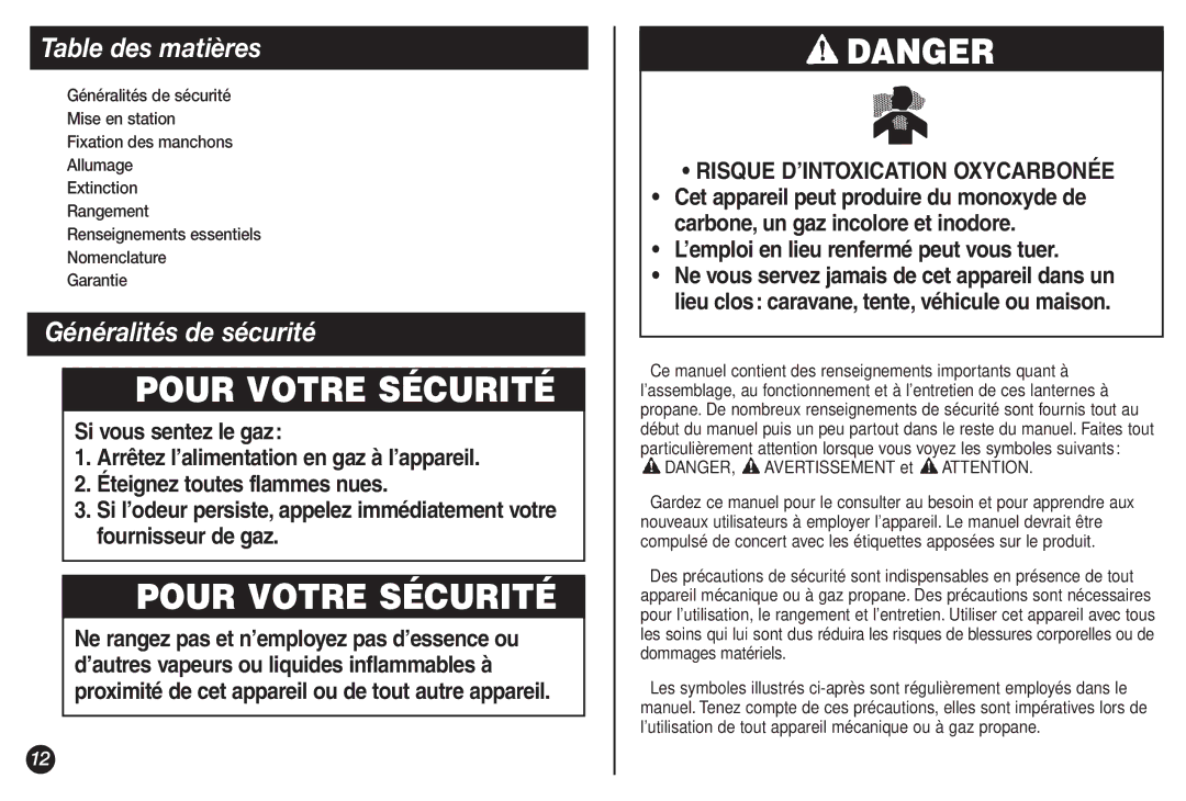 Coleman 2500A Pour Votre Sécurité, Table des matières, Généralités de sécurité, ’emploi en lieu renfermé peut vous tuer 