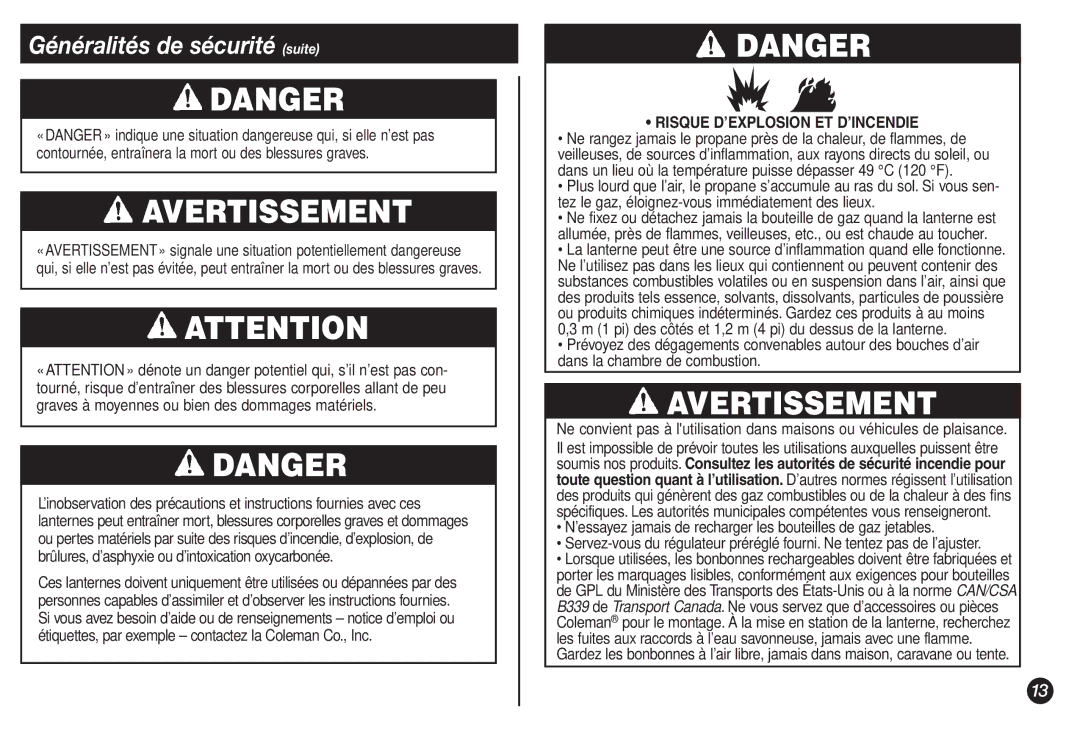 Coleman 2500A manual Avertissement, Généralités de sécurité suite, Risque D’EXPLOSION ET D’INCENDIE 