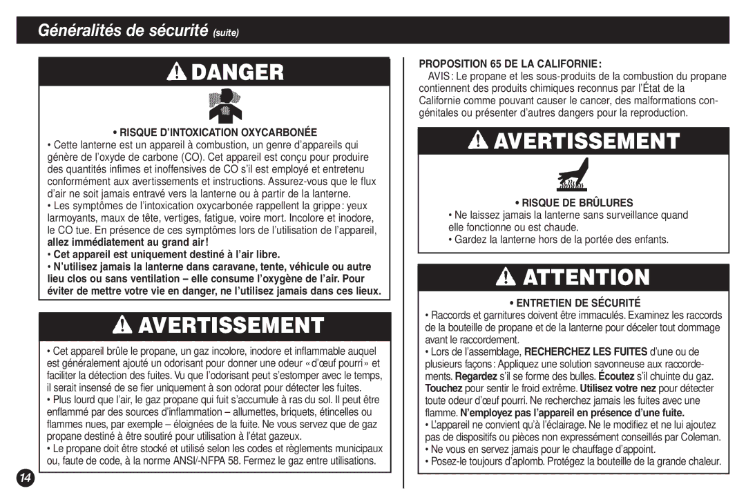 Coleman 2500A Risque D’INTOXICATION Oxycarbonée, Cet appareil est uniquement destiné à l’air libre, Risque DE Brûlures 