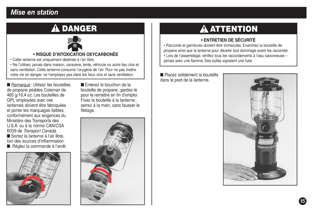 Coleman 2500A Mise en station, Placez solidement la bouteille Dans le pied de la lanterne, Réglez la commande à l’arrêt 