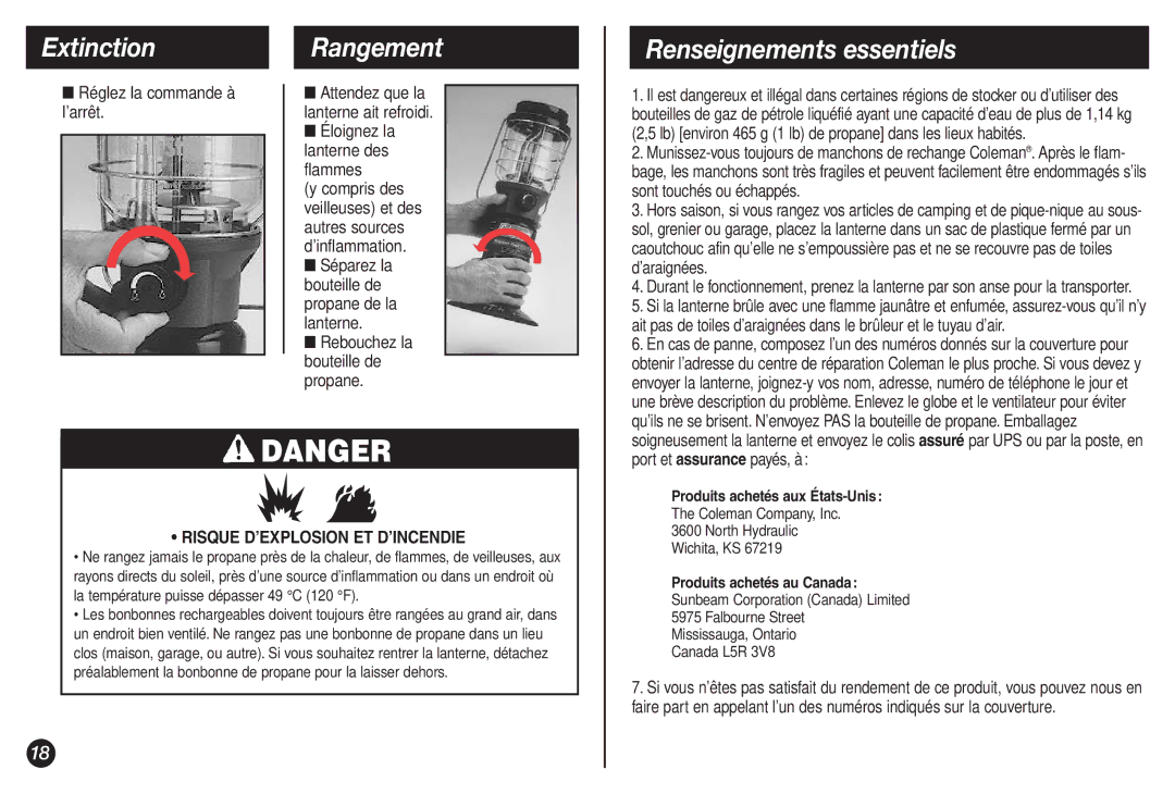 Coleman 2500A manual Extinction, Rangement, Renseignements essentiels 