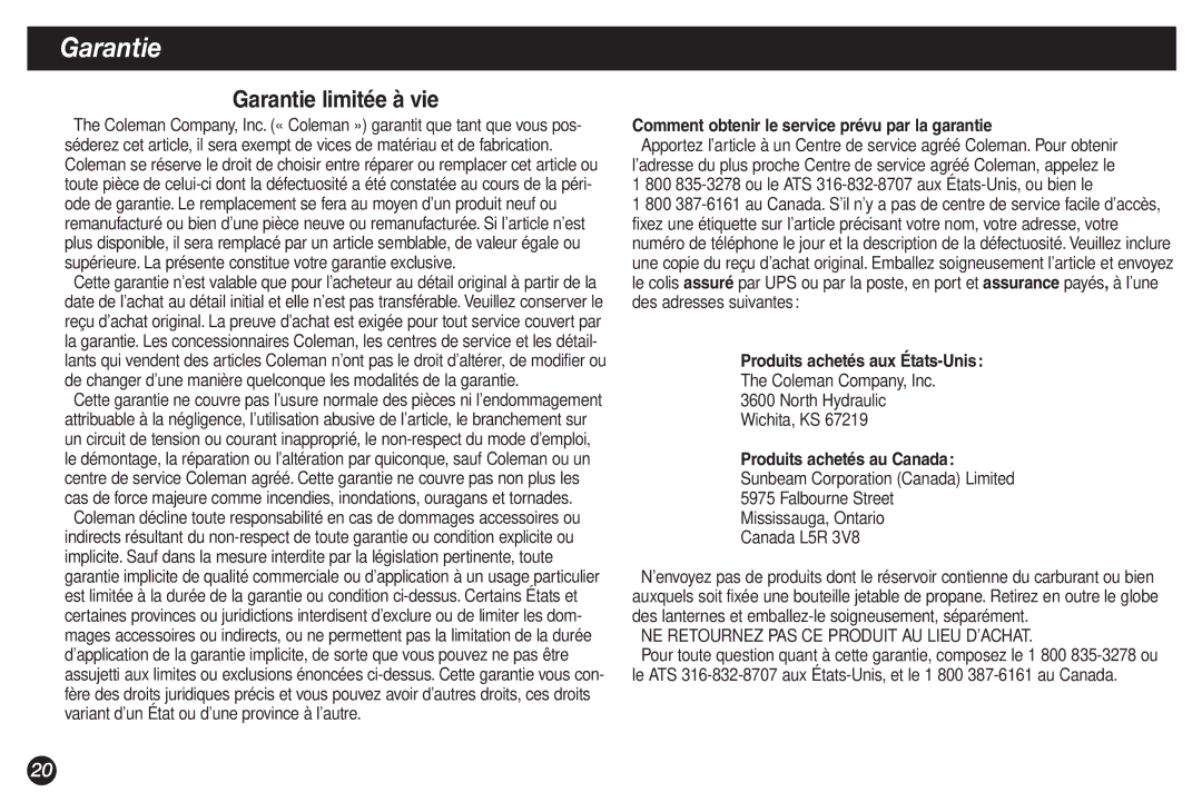 Coleman 2500A manual Garantie limitée à vie, Comment obtenir le service prévu par la garantie 