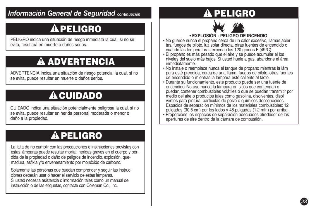 Coleman 2500A manual Advertencia, Cuidado, Información General de Seguridad continuación, Explosión Peligro DE Incendio 