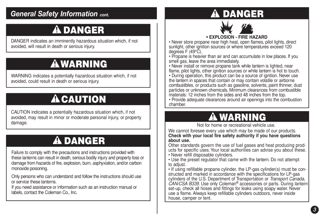 Coleman 2500A manual Explosion Fire Hazard 