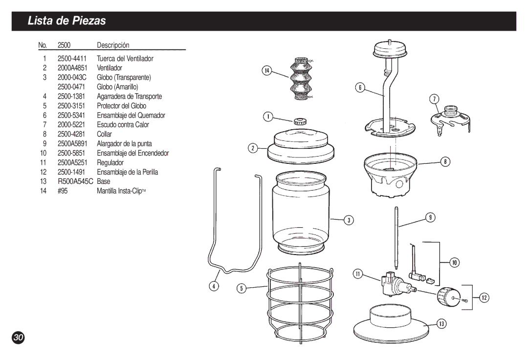 Coleman 2500A manual Lista de Piezas 