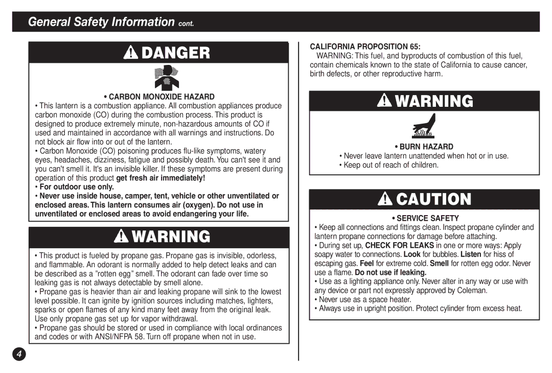 Coleman 2500A manual Carbon Monoxide Hazard, For outdoor use only, California Proposition Burn Hazard, Service Safety 