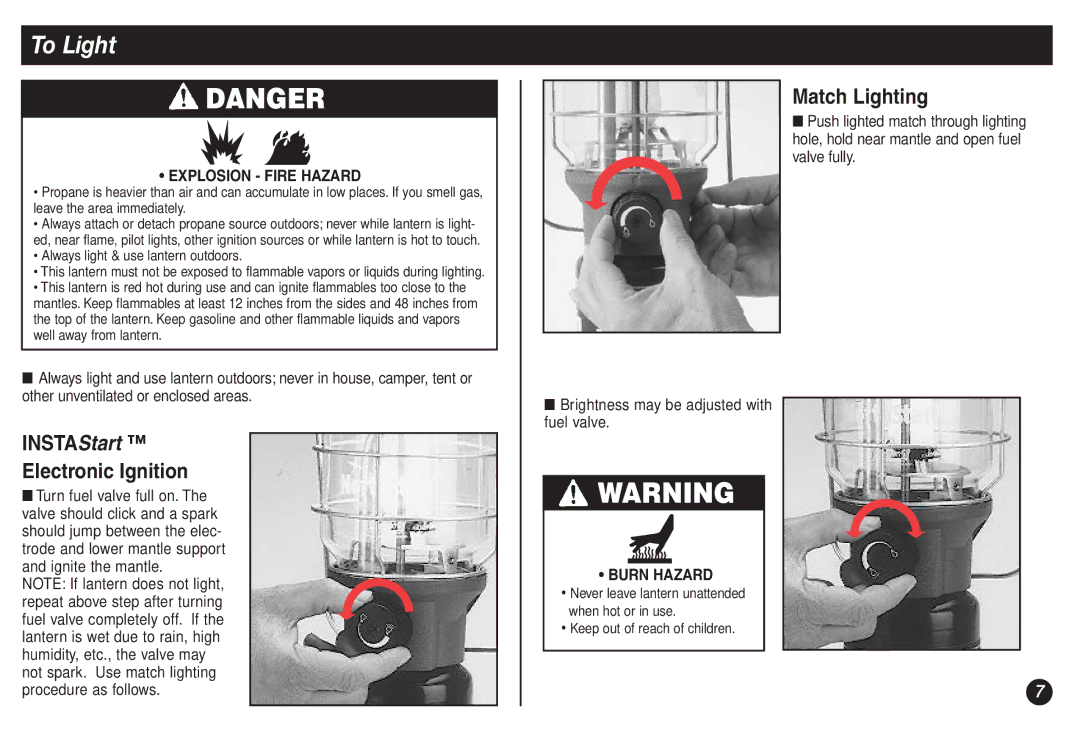 Coleman 2500A manual To Light, INSTAStart Electronic Ignition, Match Lighting 