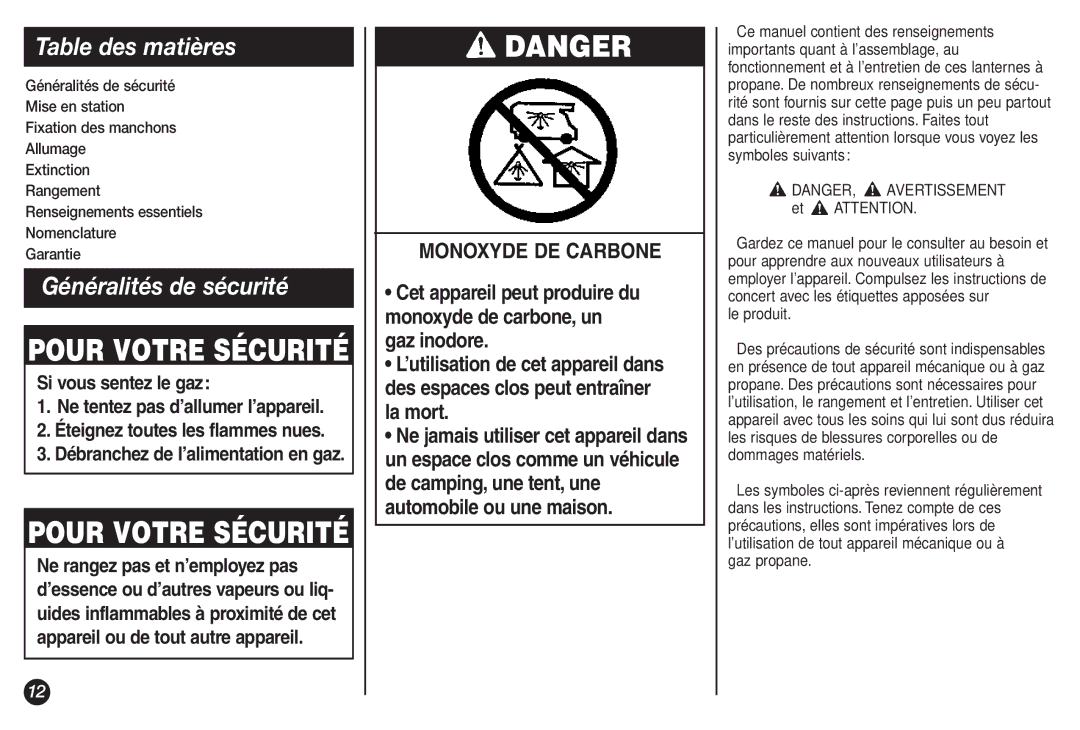 Coleman 2500B manual Table des matières, Généralités de sécurité, Et Attention, Le produit 