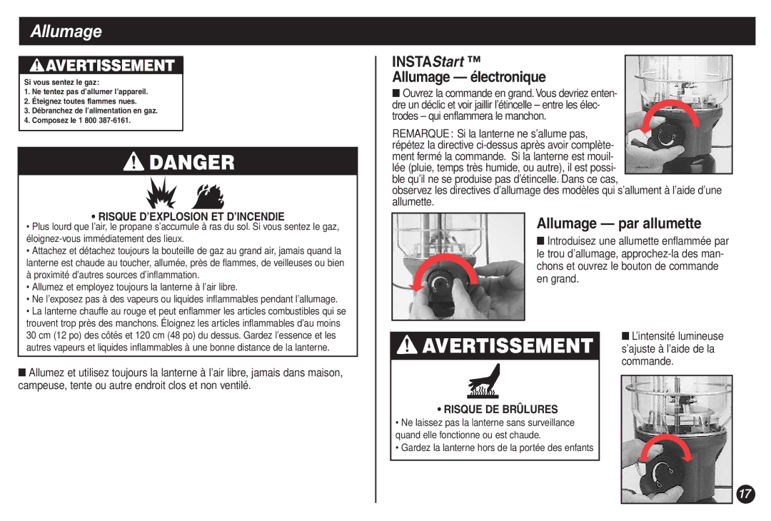 Coleman 2500B manual INSTAStart Allumage électronique, Allumage par allumette, En grand 