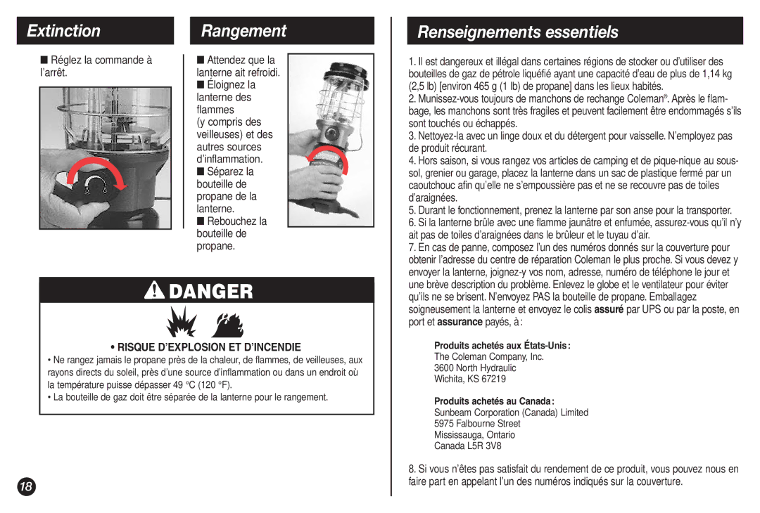 Coleman 2500B manual Extinction, Rangement, Renseignements essentiels 