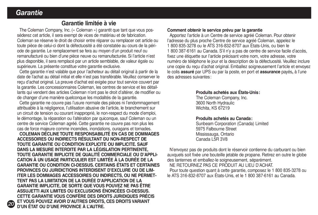 Coleman 2500B manual Garantie limitée à vie, Comment obtenir le service prévu par la garantie 