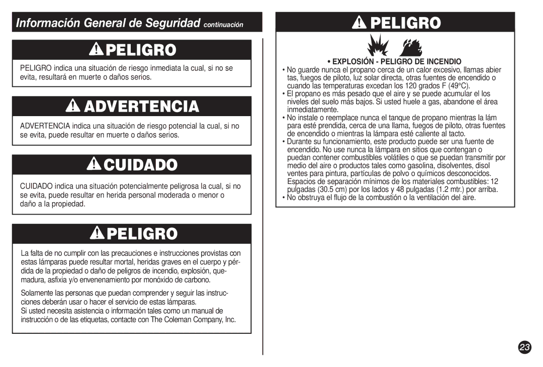 Coleman 2500B manual Información General de Seguridad continuación, Explosión Peligro DE Incendio 