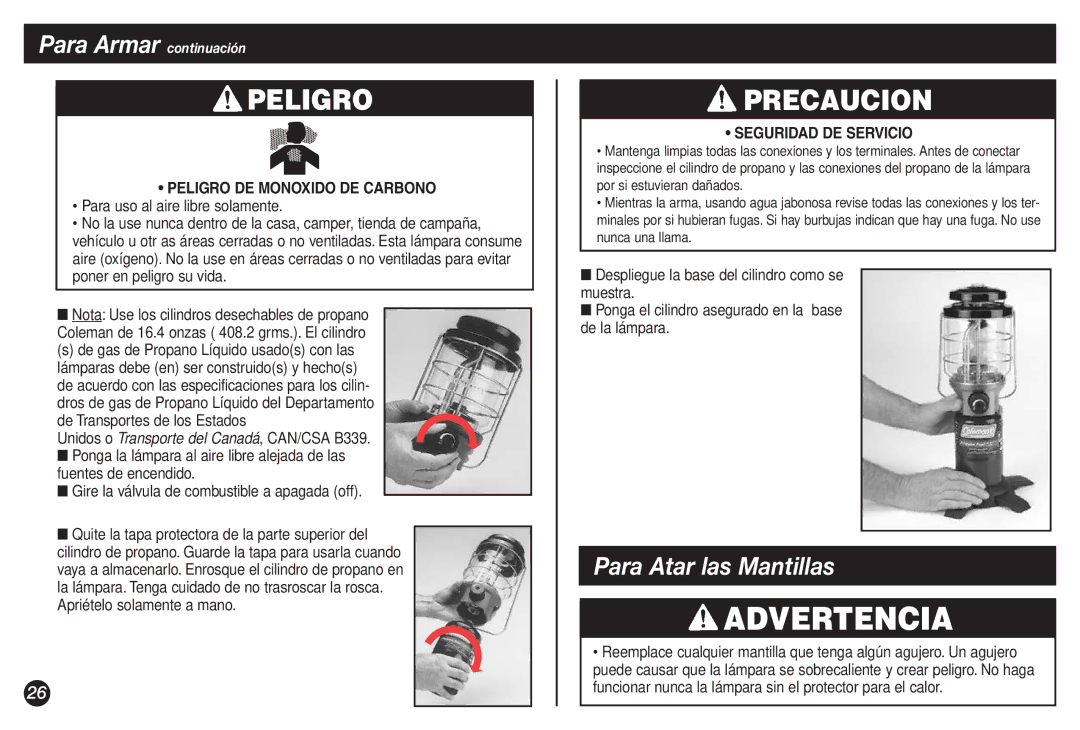 Coleman 2500B manual Para Atar las Mantillas, Gire la válvula de combustible a apagada off 