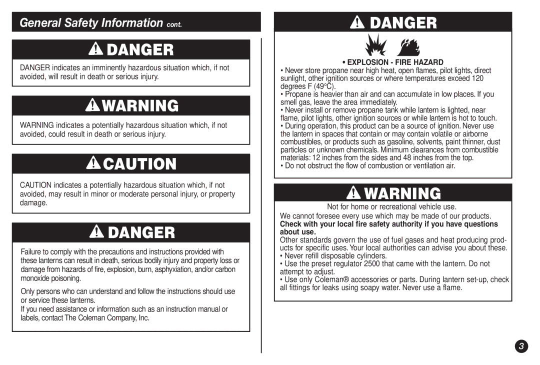 Coleman 2500B manual Explosion Fire Hazard 