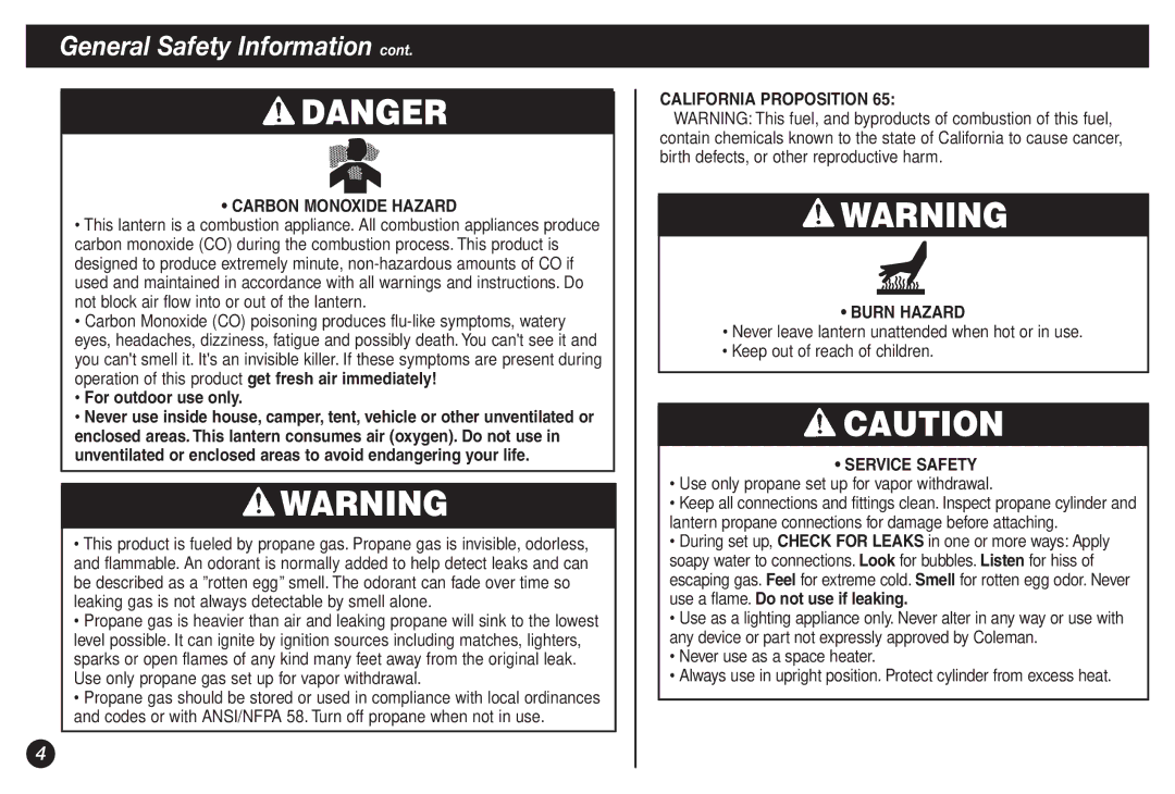 Coleman 2500B manual Carbon Monoxide Hazard, For outdoor use only, California Proposition Burn Hazard, Service Safety 