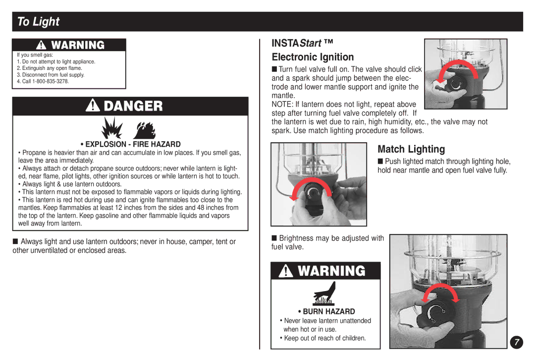 Coleman 2500B manual To Light, INSTAStart Electronic Ignition, Match Lighting, Brightness may be adjusted with fuel valve 