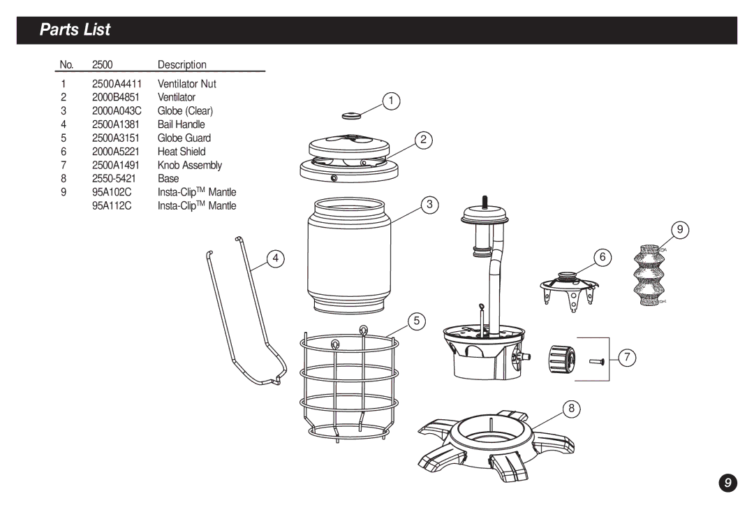 Coleman 2500B manual Parts List 