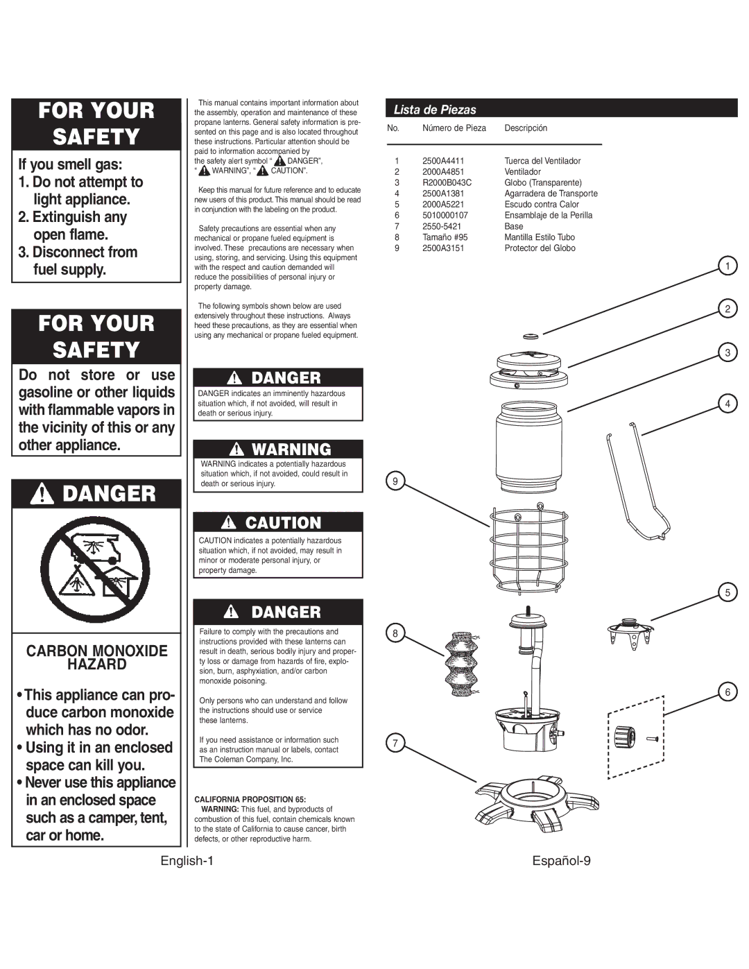 Coleman 2500C manual Lista de Piezas, English-1 Español-9, Safety alert symbol Danger, Agarradera de Transporte 