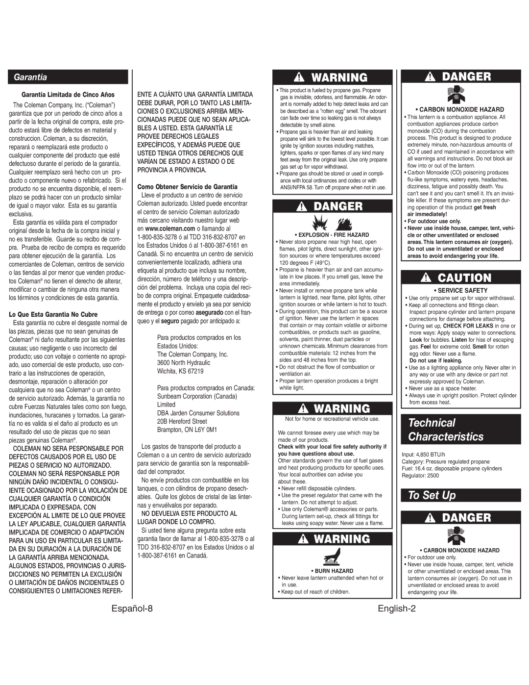 Coleman 2500C manual Technical Characteristics, To Set Up, Garantia, Español-8 English-2 