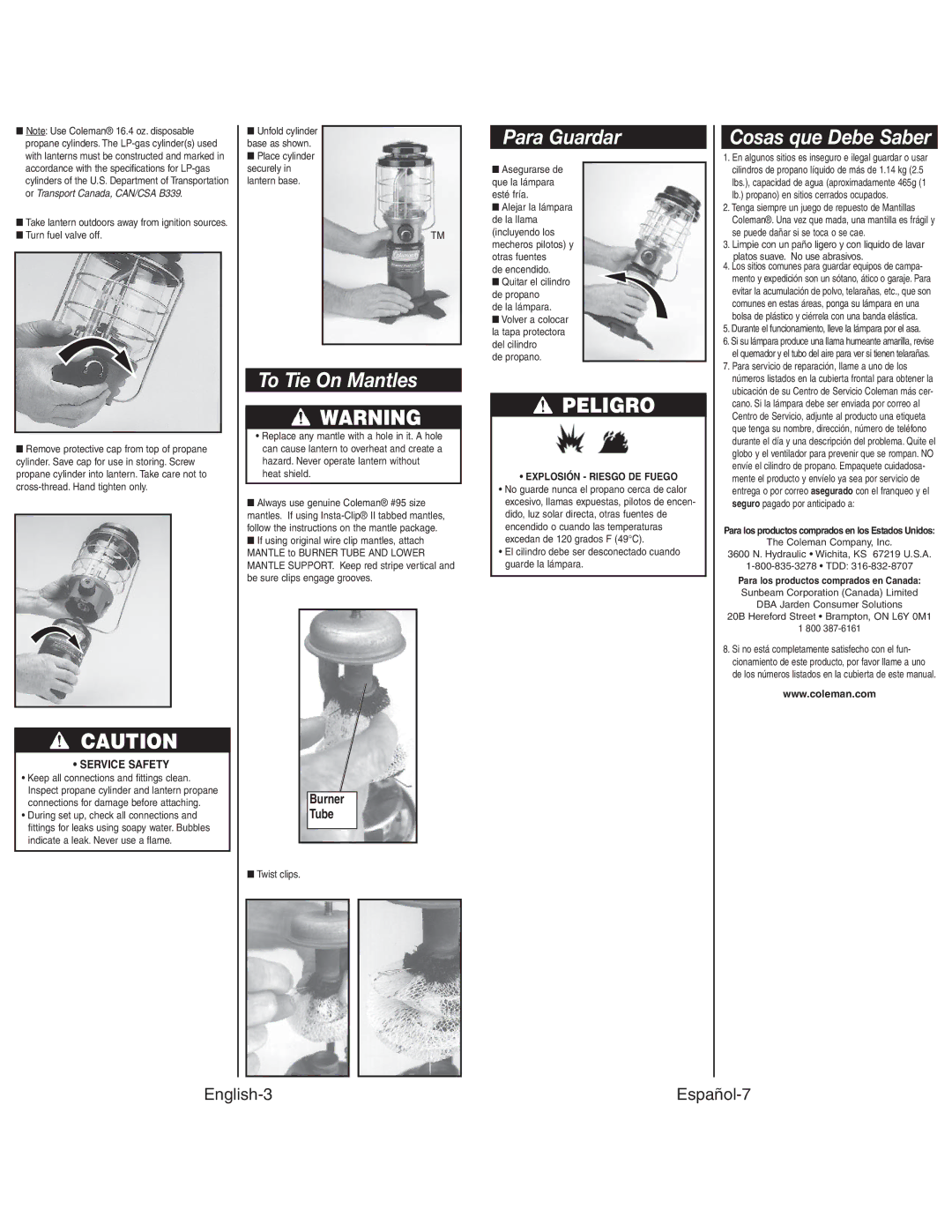 Coleman 2500C manual To Tie On Mantles, Para Guardar, Peligro, English-3 Español-7, Explosión Riesgo DE Fuego 