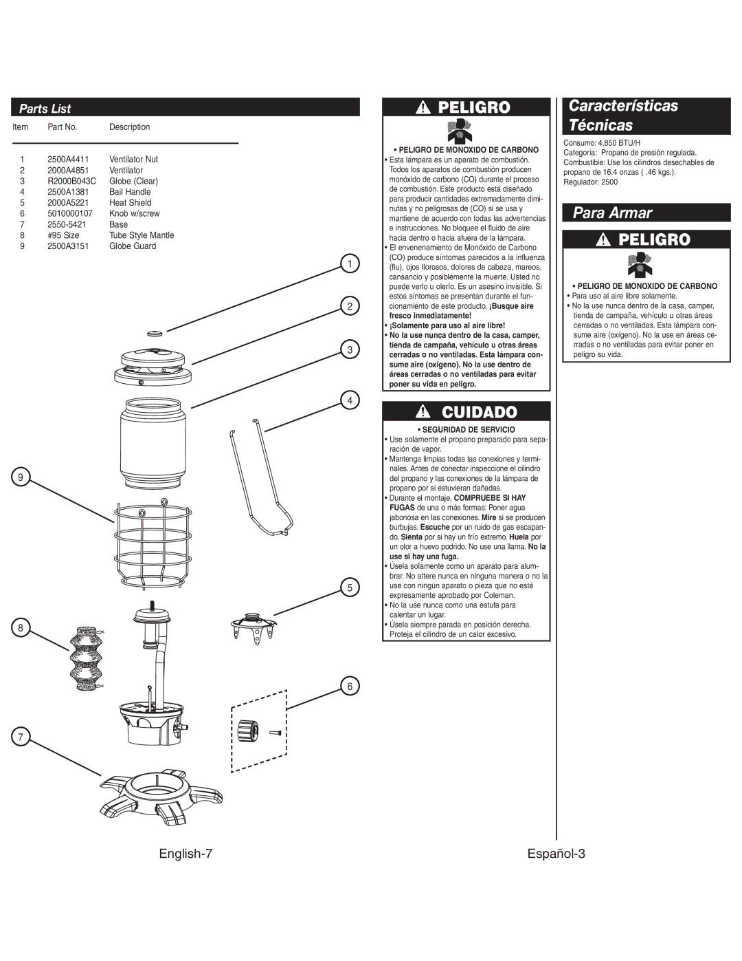 Coleman 2500C manual Cuidado, Características Técnicas, Para Armar, Parts List, English-7 Español-3 