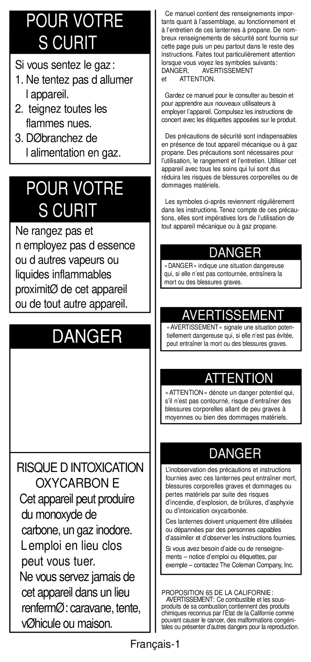 Coleman 2600 Series manual Pour Votre Sécurité, Français-1 