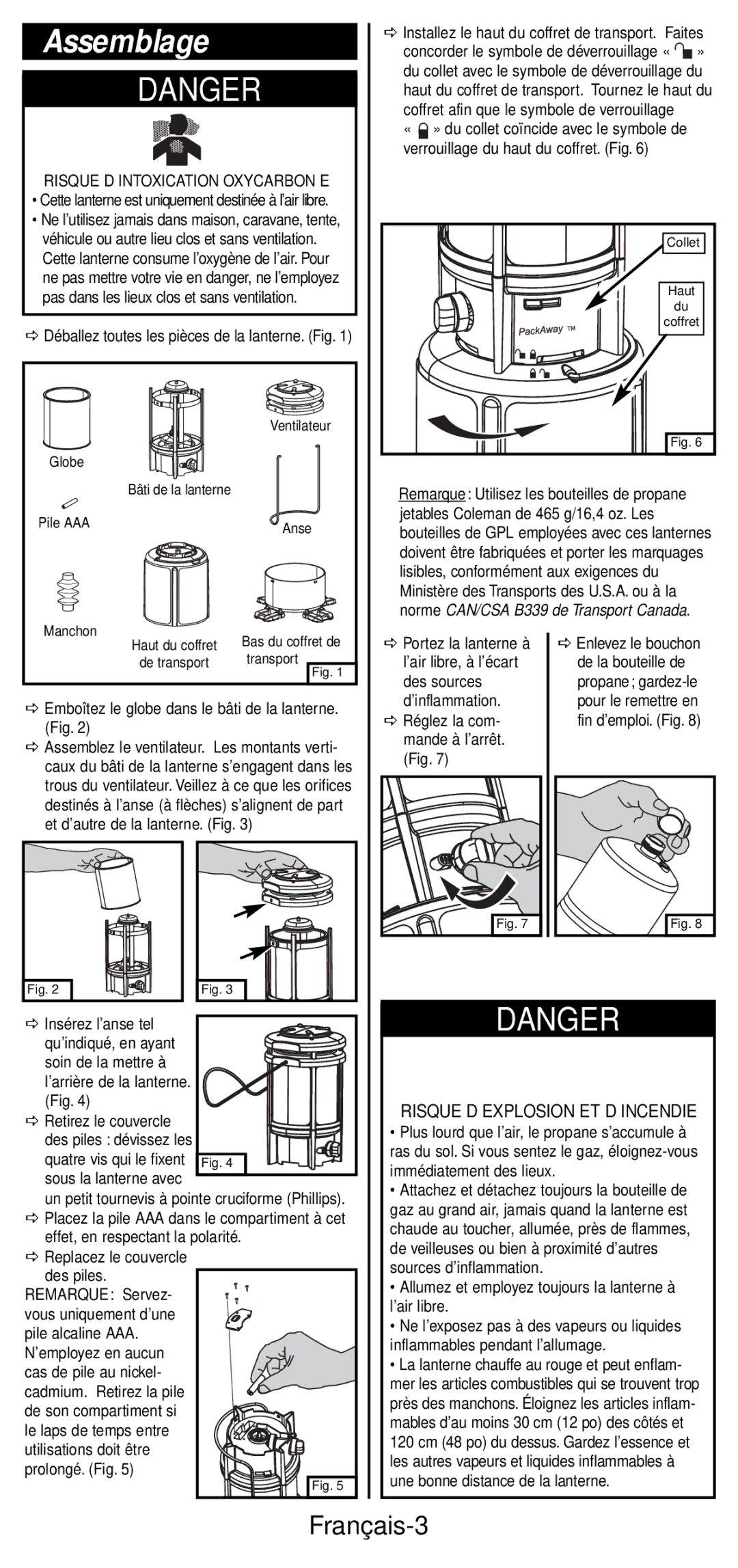 Coleman 2600 Series manual Assemblage, Français-3, Cette lanterne est uniquement destinée à l’air libre 