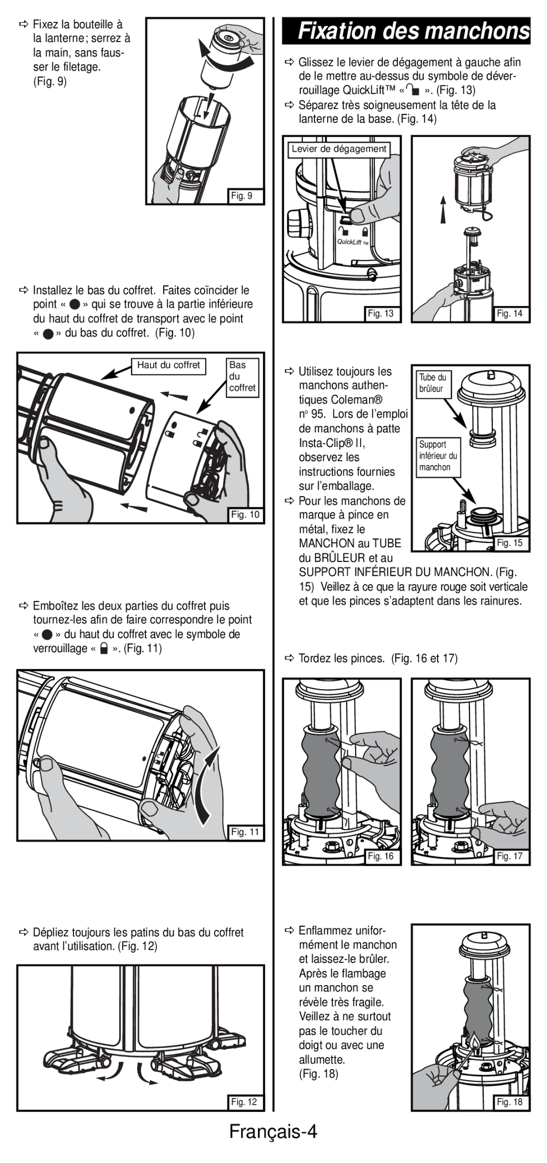 Coleman 2600 Series manual Fixation des manchons, Français-4 