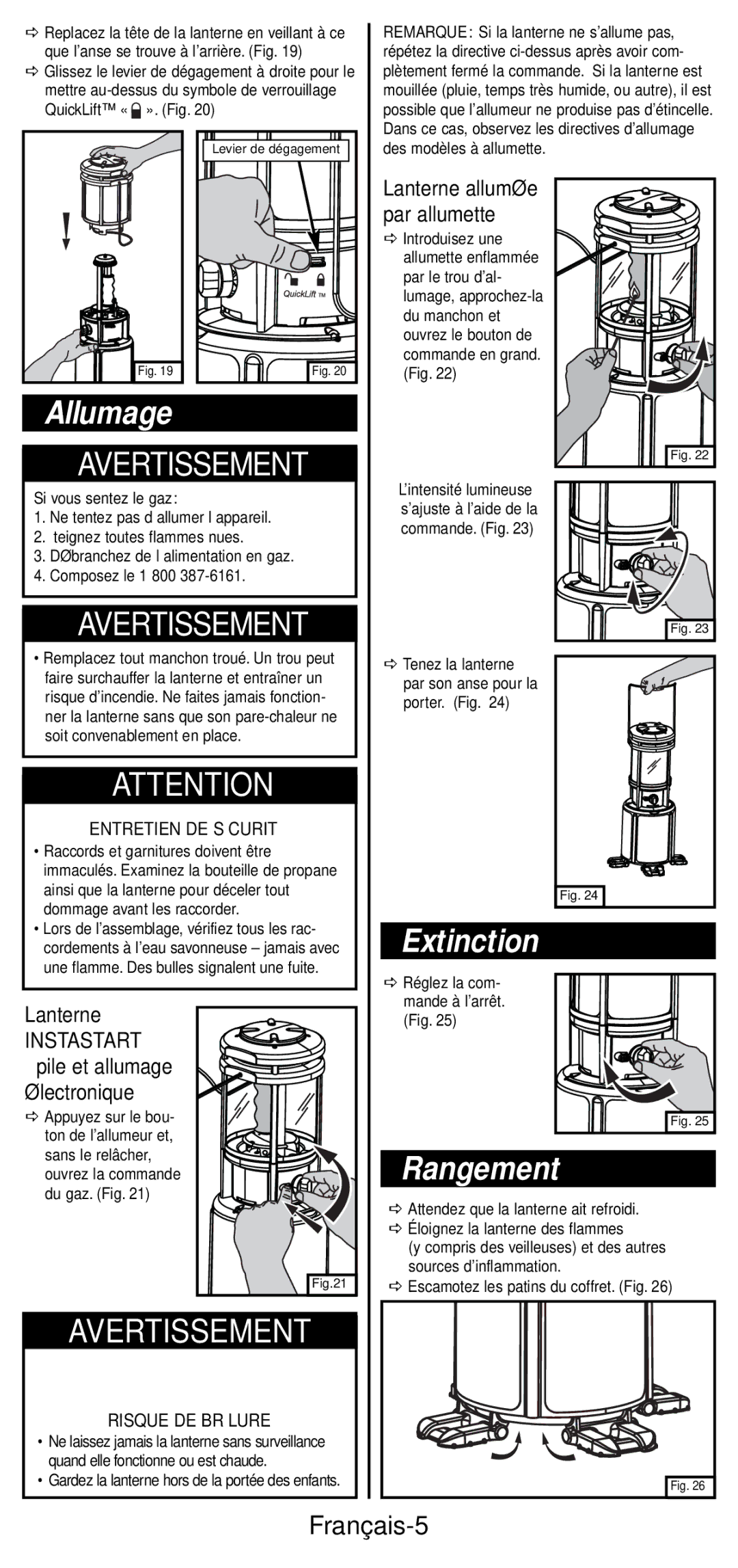 Coleman 2600 Series manual Extinction, Rangement, Français-5 