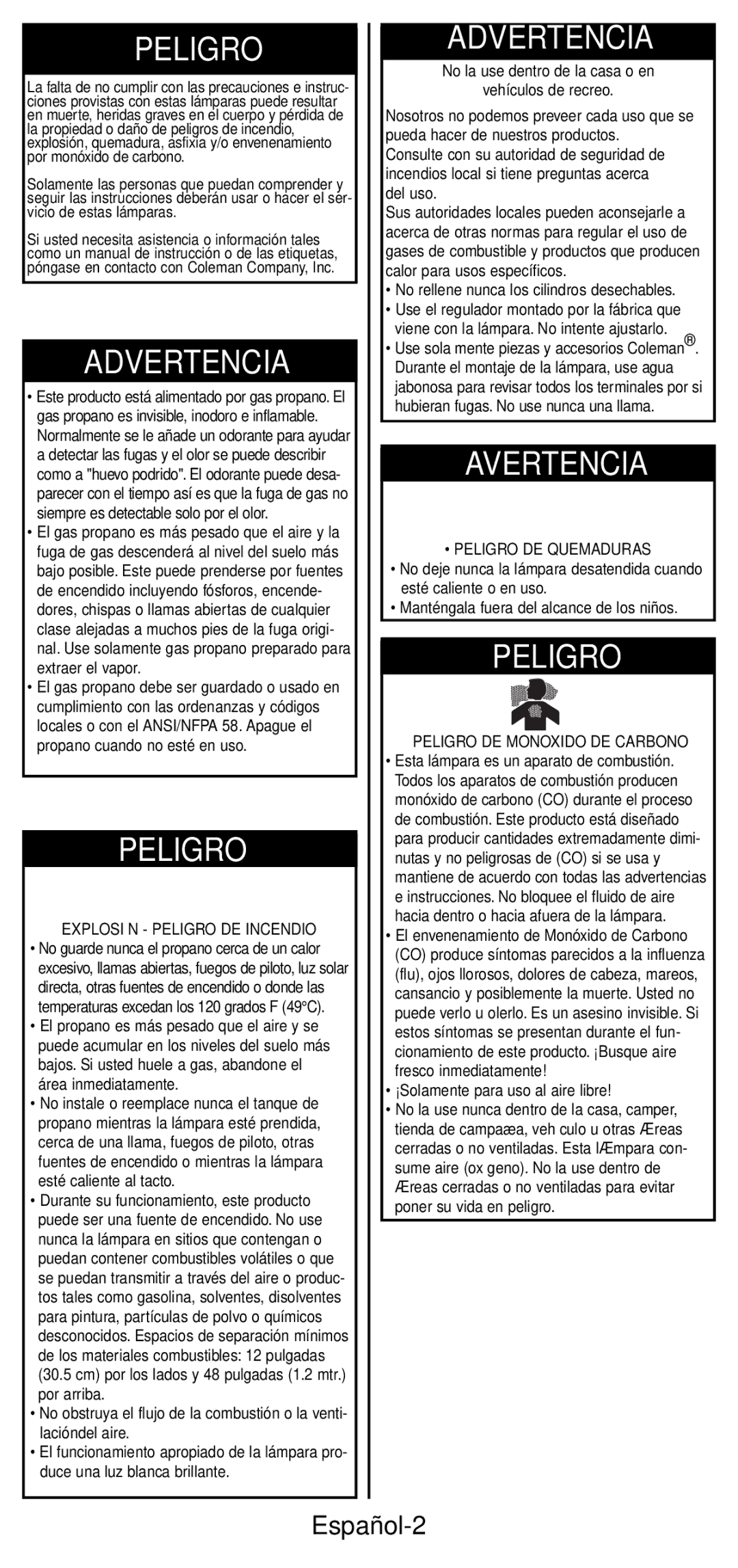 Coleman 2600 Series manual Español-2, Explosión Peligro DE Incendio, Peligro DE Quemaduras, Peligro DE Monoxido DE Carbono 