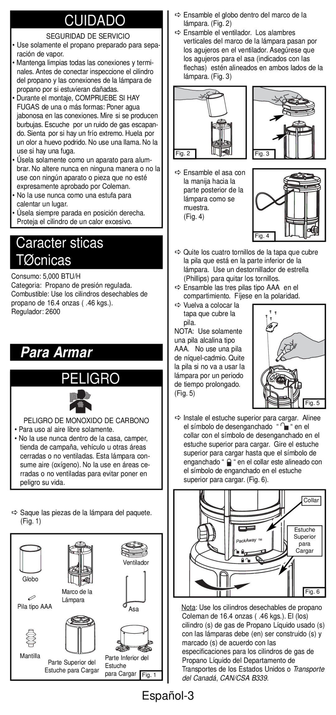 Coleman 2600 Series manual Características, Técnicas, Para Armar, Español-3, Seguridad DE Servicio 