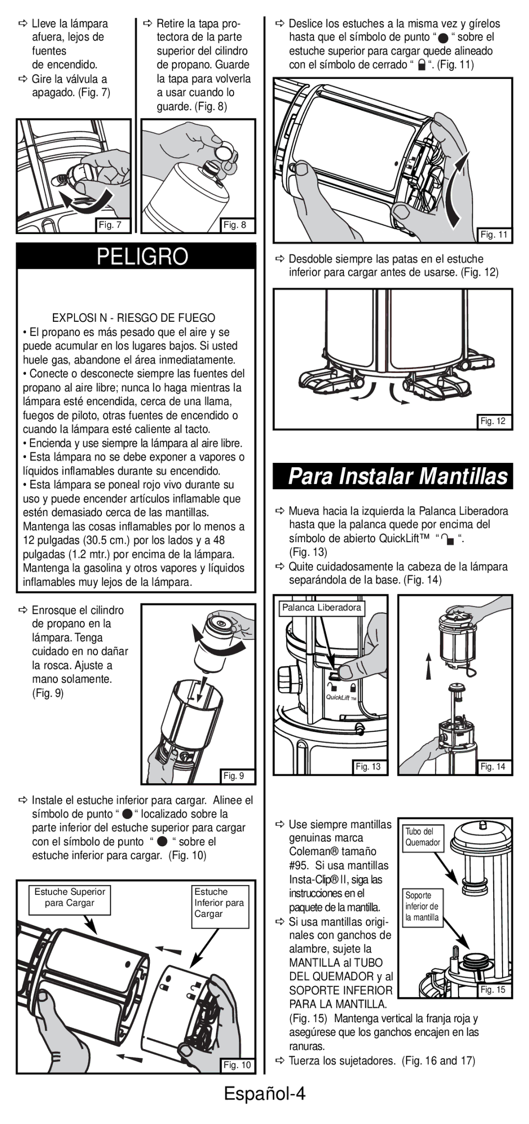 Coleman 2600 Series manual Para Instalar Mantillas, Español-4, Explosión Riesgo DE Fuego 