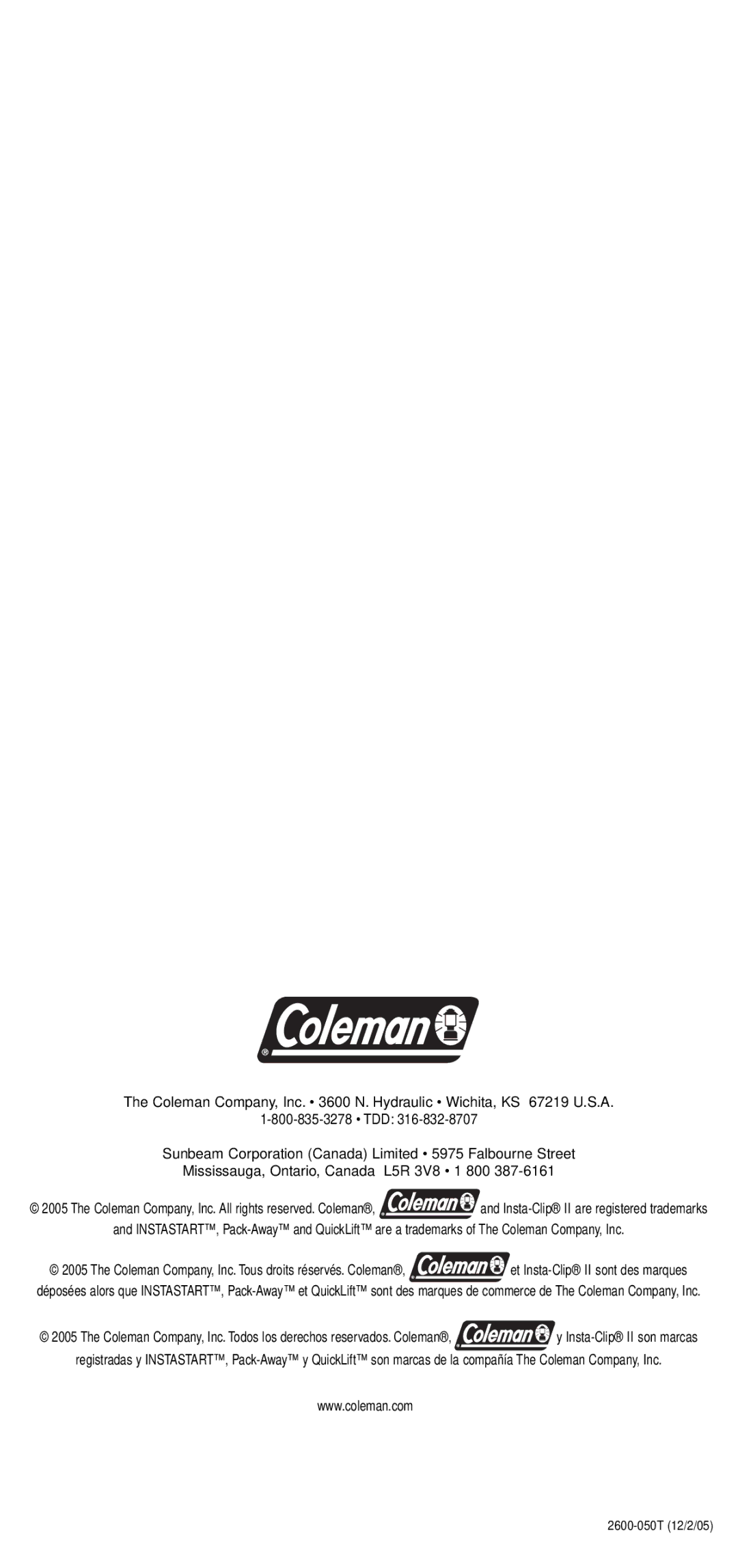 Coleman 2600 Series manual Coleman Company, Inc. Todos los derechos reservados. Coleman 