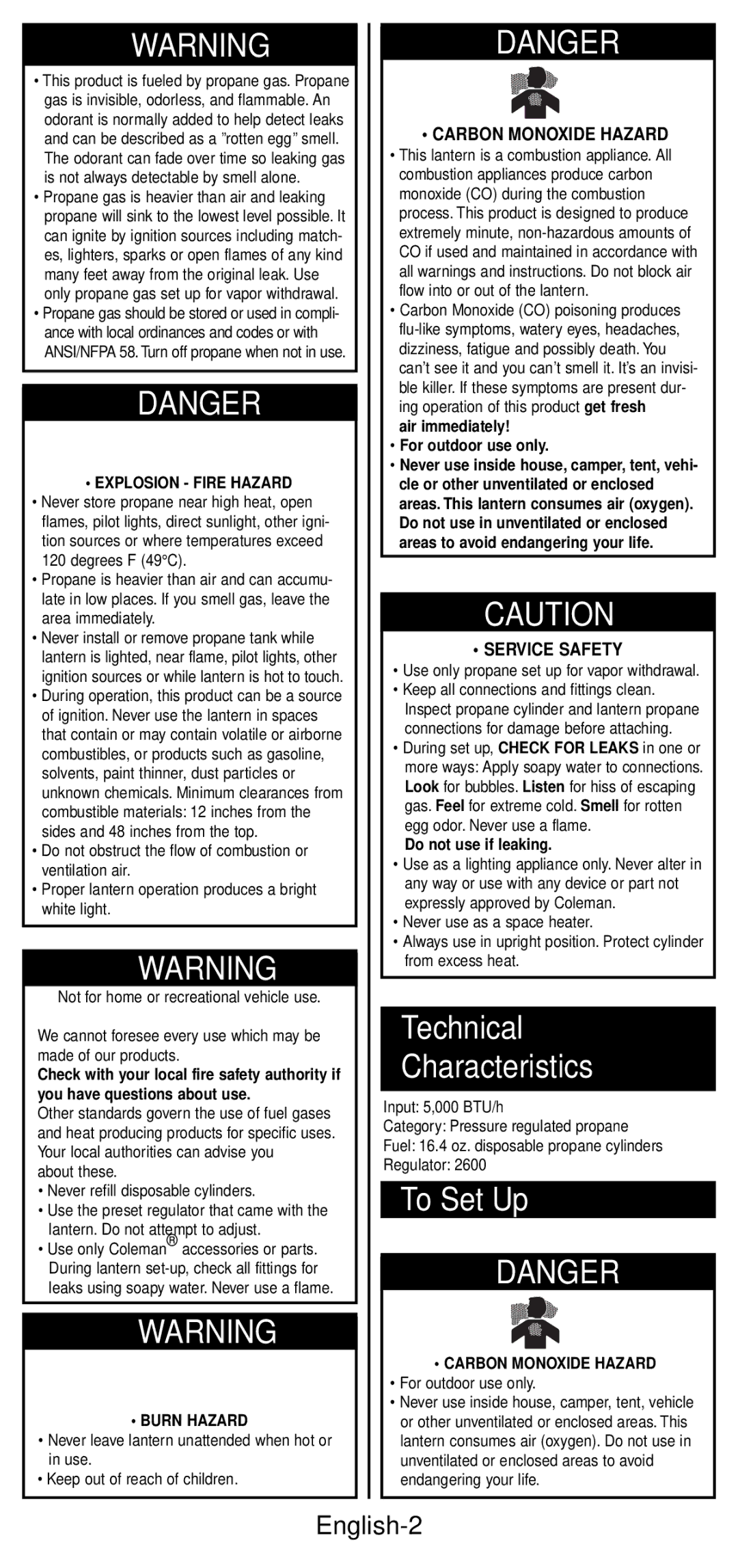 Coleman 2600 Series manual Technical Characteristics, To Set Up, English-2 