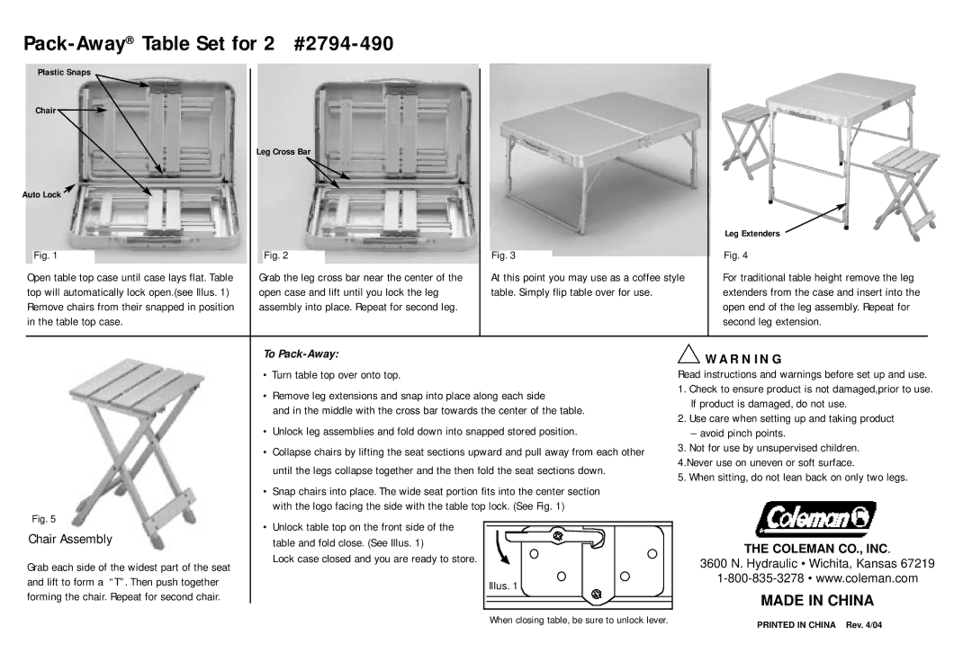 Coleman manual Pack-AwayTable Set for 2 #2794-490, Chair Assembly, To Pack-Away, Coleman CO., INC 