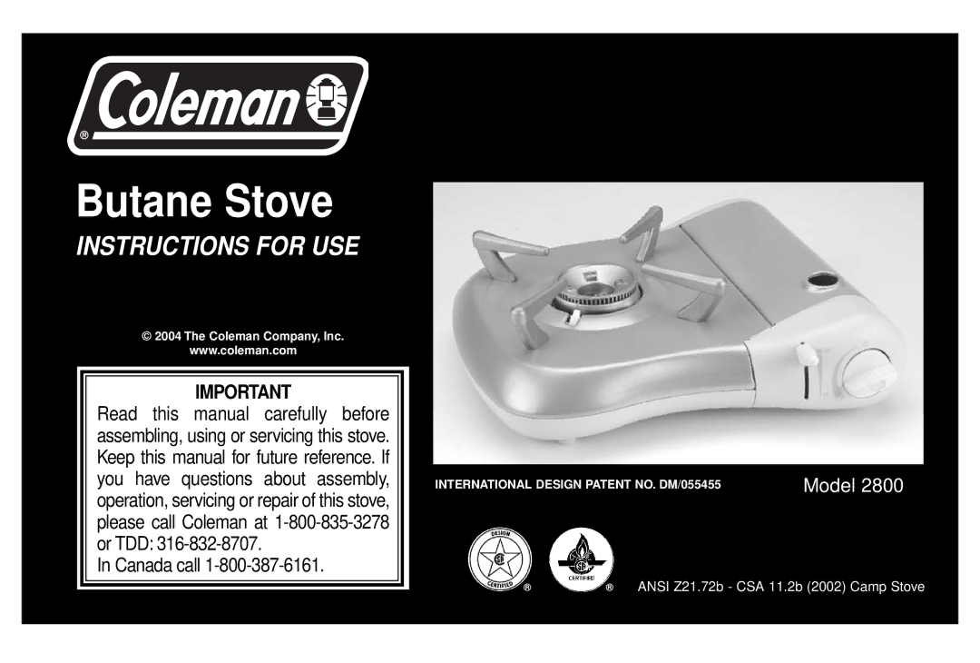 Coleman 2800 manual Butane Stove 