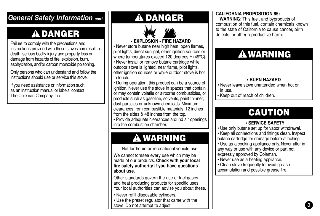 Coleman 2800 manual Explosion Fire Hazard, Burn Hazard, Service Safety, Use only butane set up for vapor withdrawal 