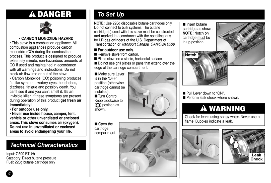 Coleman 2800 manual Technical Characteristics, To Set Up, Carbon Monoxide Hazard, Notch, Leak Check 