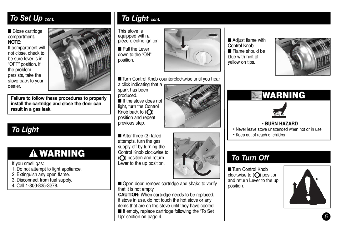 Coleman 2800 To Light, To Turn Off, Close cartridge Compartment, If the stove does not, Return Lever to the up position 