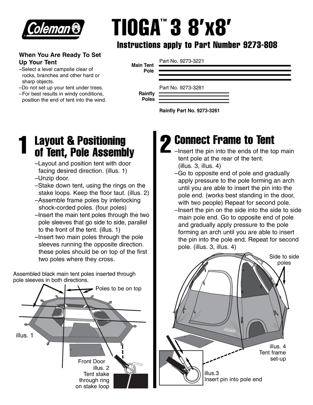 Coleman 3 8'x8 manual Tioga 3 8’x8’, Connect Frame to Tent, Layout & Positioning of Tent, Pole Assembly 