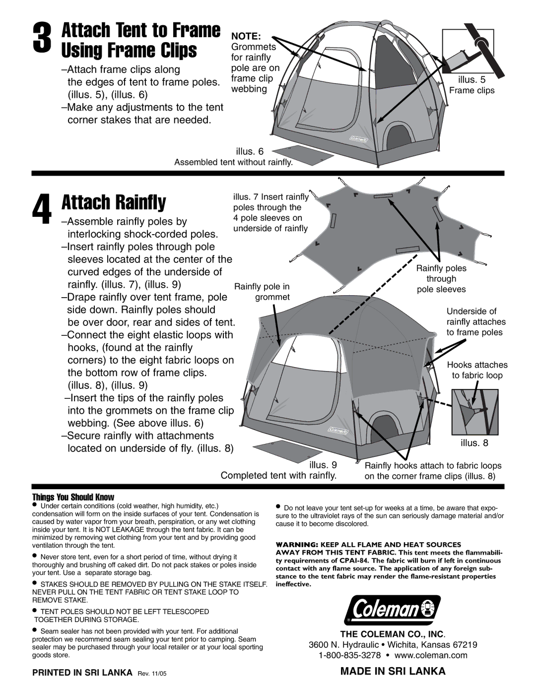 Coleman 3 8'x8 manual Attach Rainfly, Attach Tent to Frame Using Frame Clips, Illus Completed tent with rainfly 