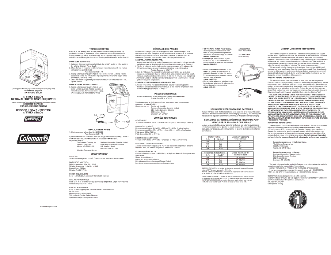 Coleman 3000000540 specifications Troubleshooting, Replacement Parts, SPECIFICATIONS1, Dépistage DES Pannes 