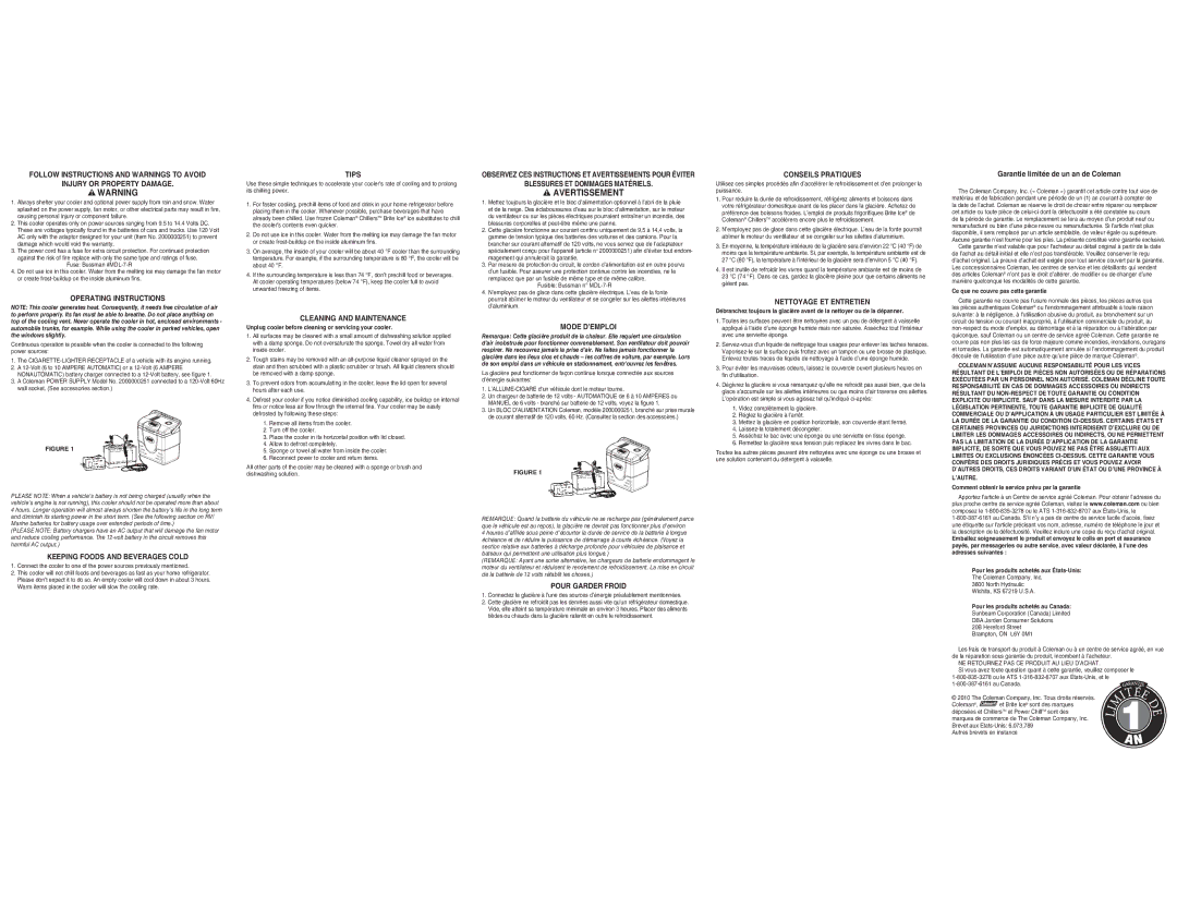 Coleman 3000000540 Operating Instructions, Keeping Foods and Beverages Cold, Tips, Cleaning and Maintenance, Mode D’EMPLOI 