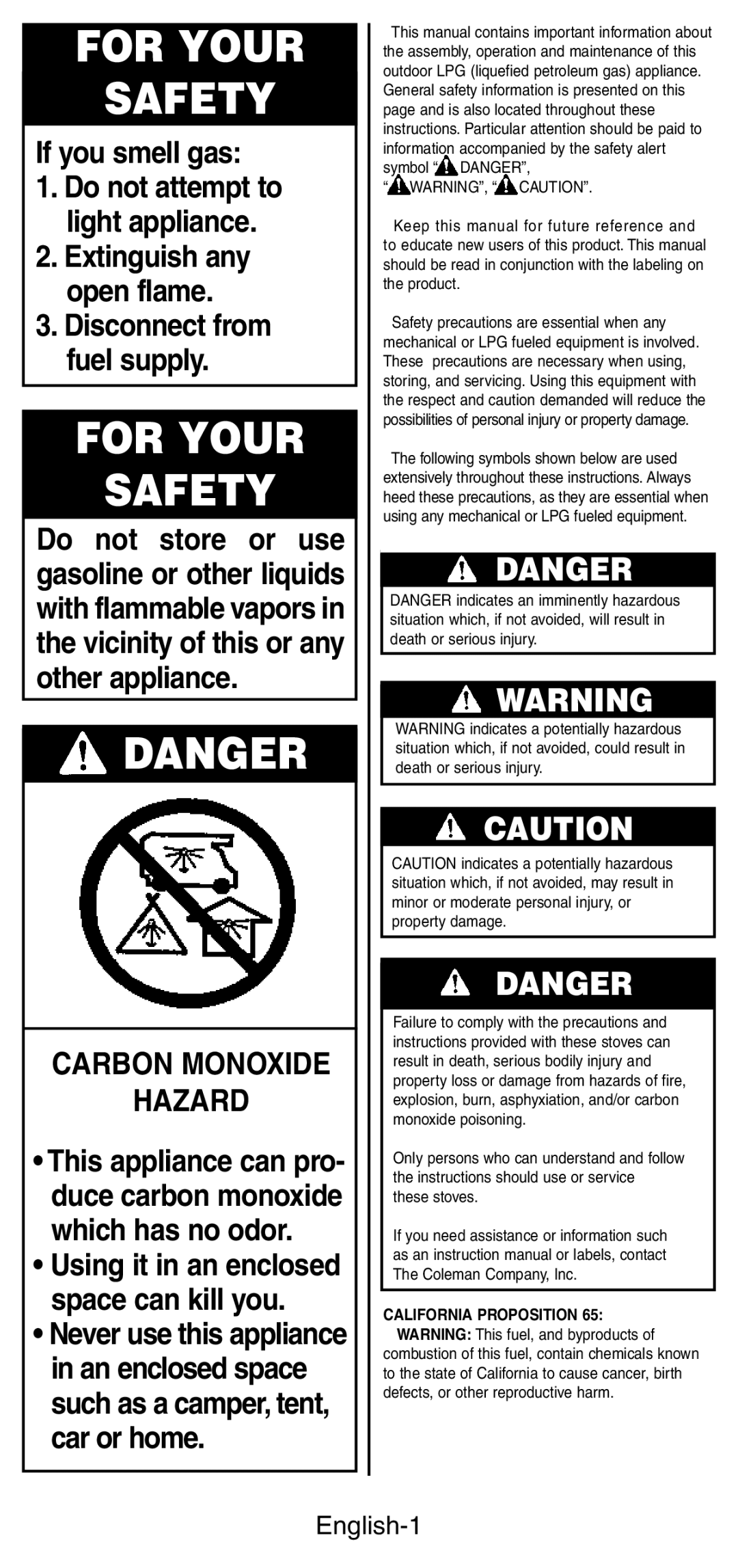 Coleman 3001 Series manual For Your Safety, California Proposition 65 Warning This fuel, and byproducts 