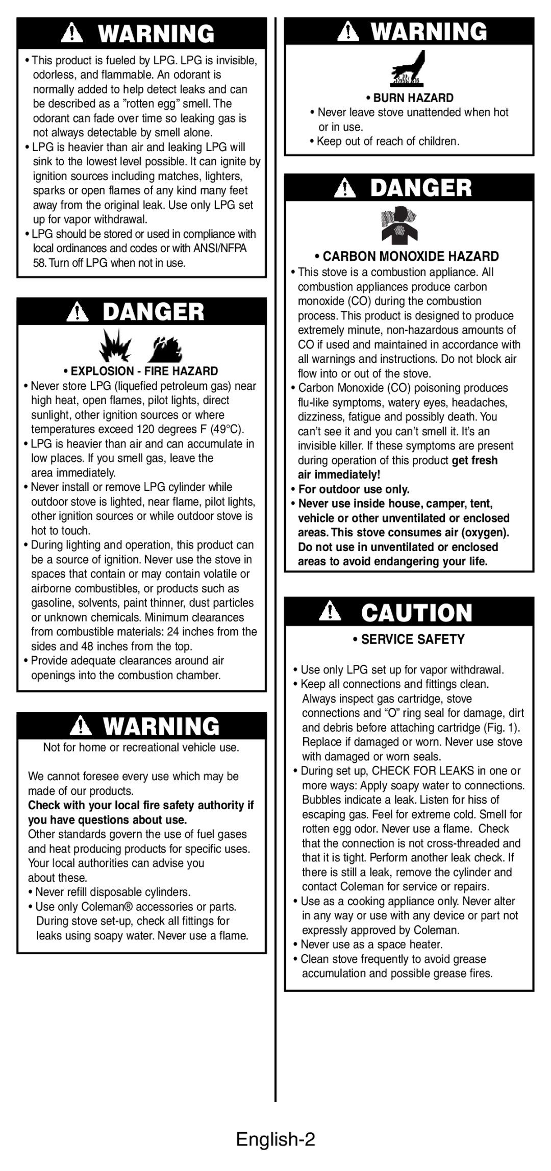 Coleman 3001 Series manual Carbon Monoxide Hazard, Service Safety, Explosion Fire Hazard, Burn Hazard, For outdoor use only 