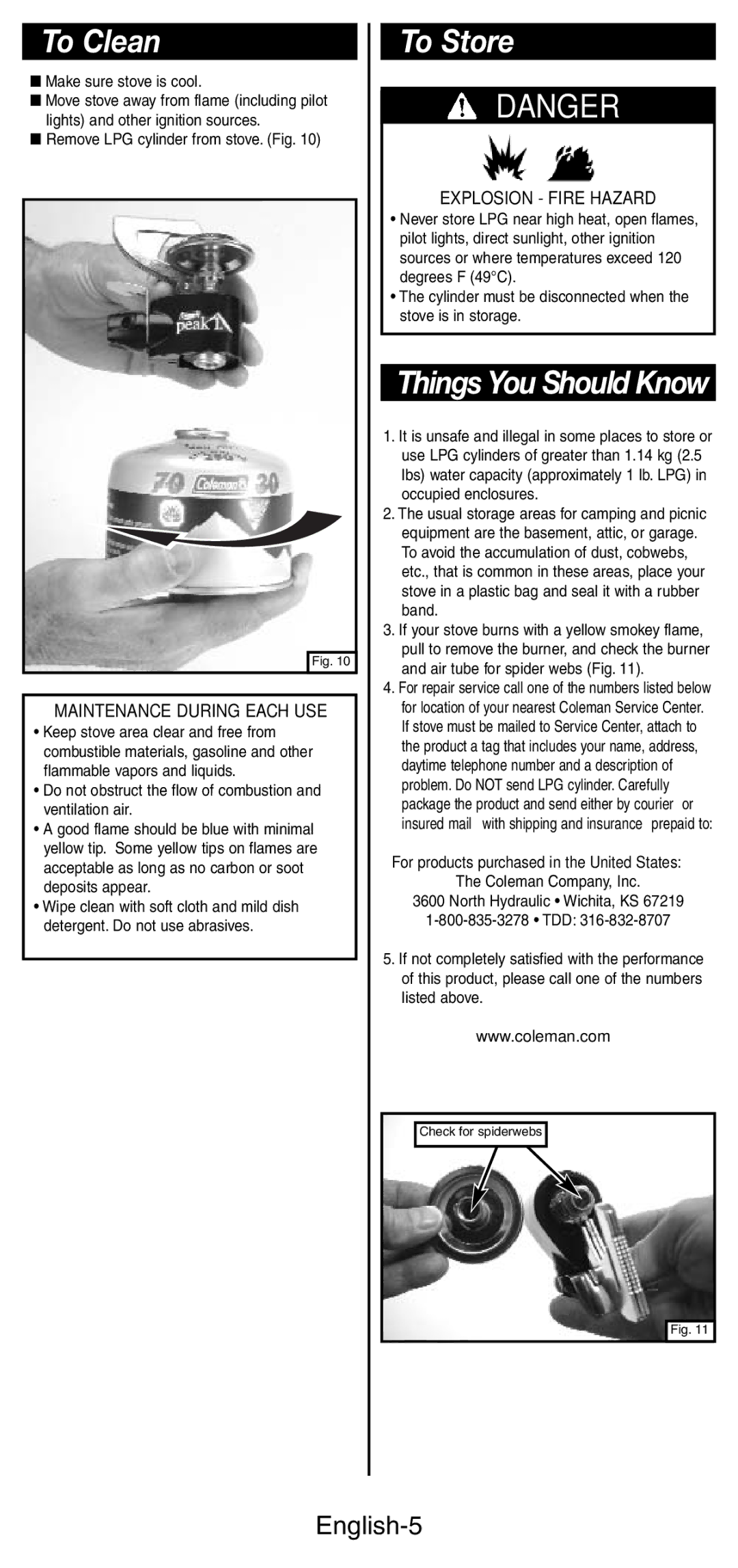 Coleman 3001 Series manual To Clean, To Store, Maintenance During Each USE, Explosion Fire Hazard 