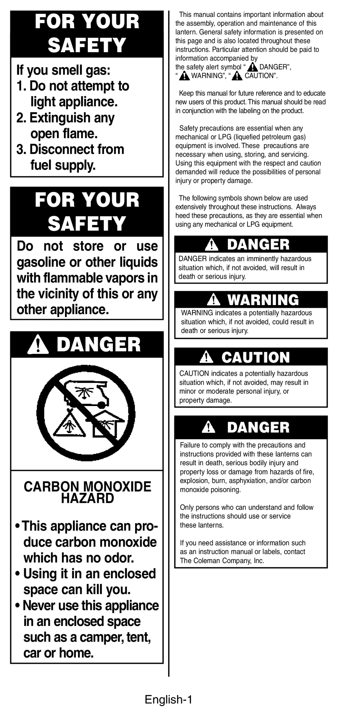 Coleman 3113 manual For Your Safety, English-1 